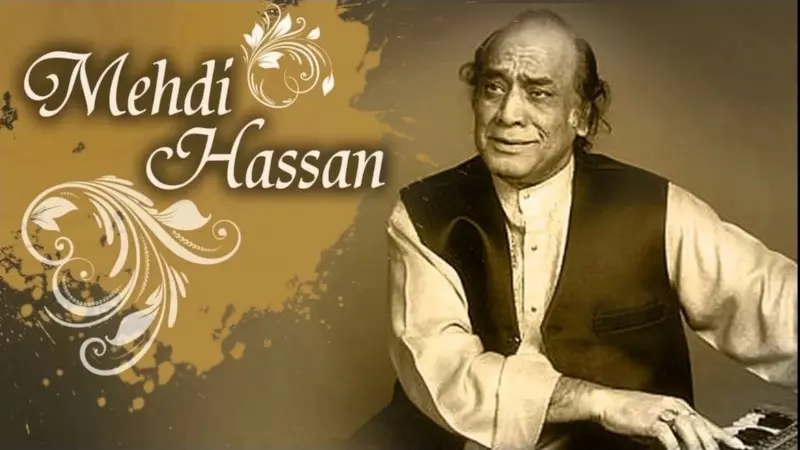 Mehdi Hassan, legendary Pakistani ghazal singer, renowned for his soulful voice and timeless classics like Ranjish Hi Sahi, Mujhe Tum Nazar Se, and Gulon Mein Rang Bhare.